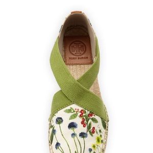 Tory Burch Catalina Espadrille Sandals Watercolor Botanical Leaf Green
